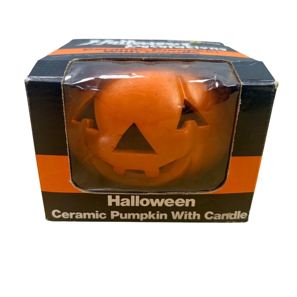 VTG 1989 Witch Time Halloween Pumpkin Candle Ceramic Votive Jack O Lantern NIB